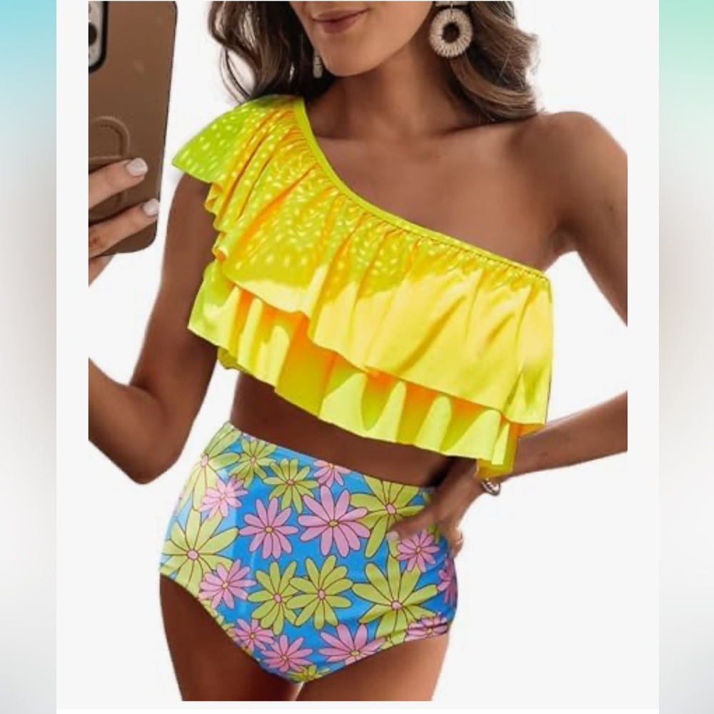 VIMPUNEC Ruffle One Shoulder High Waisted Two Piece Bathing Suits nwt